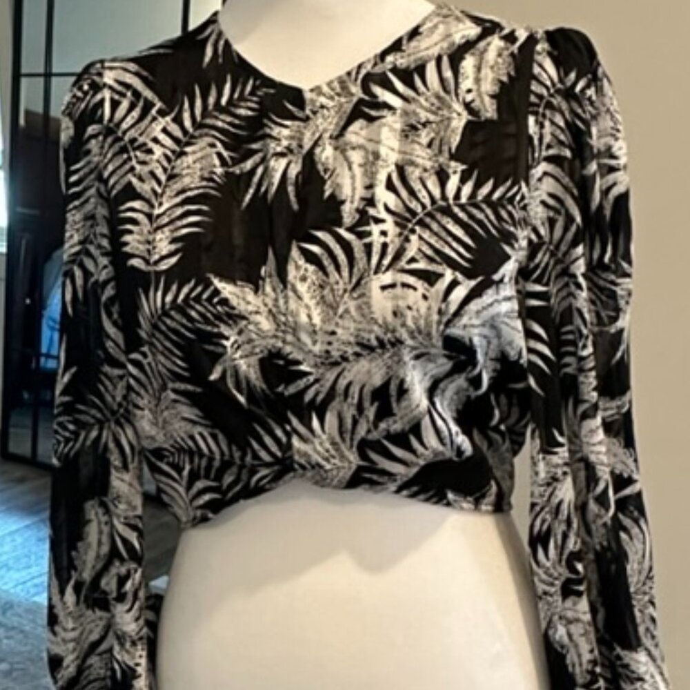 Sheer Black and White Leafy Blouse - Long Sleeve - S